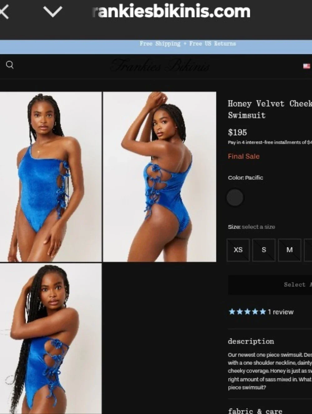 Frankie's Bikinis NWT SZ L Honey Velvet Cheeky One Piece - Pacific Side Cut Ties